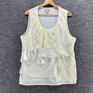 Yves Blouse Women XL Beige Sleeveless Wide Strap Ruffle Round Neck Pullover